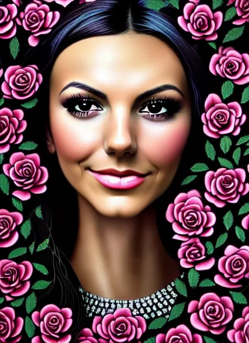 Prompt: amazingly complex portrait of Victoria Justice laying in a bed of black roses as a goddess staring curiously at you. soft detailed painting at 16K resolution and amazingly epic visuals. epically beautiful image. amazing effect, image looks gorgeously crisp as far as it's visual fidelity goes, absolutely outstanding. vivid clarity. ultra detail. iridescent. mind-breaking. mega-beautiful pencil shadowing. beautiful face. Ultra High Definition. soft shading. soft texture. intensely beautiful.