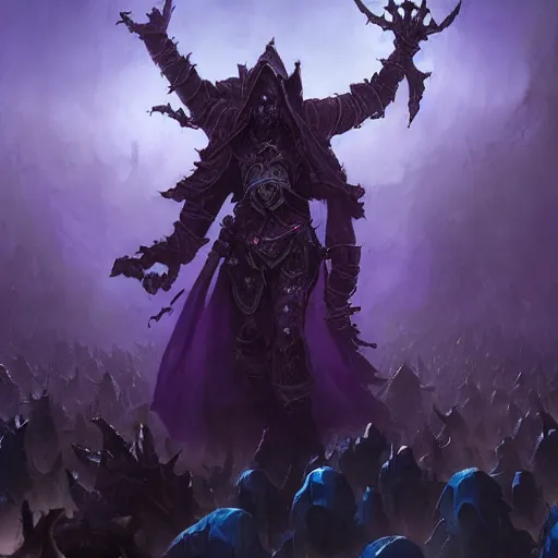 Image similar to necromancer with an army of undead rising from the ground, violet theme, hearthstone art style, epic fantasy style art by Craig Mullins, fantasy epic digital art, epic fantasy card game art by Greg Rutkowski