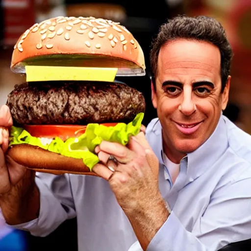 Prompt: a hamburger eating Jerry Seinfeld