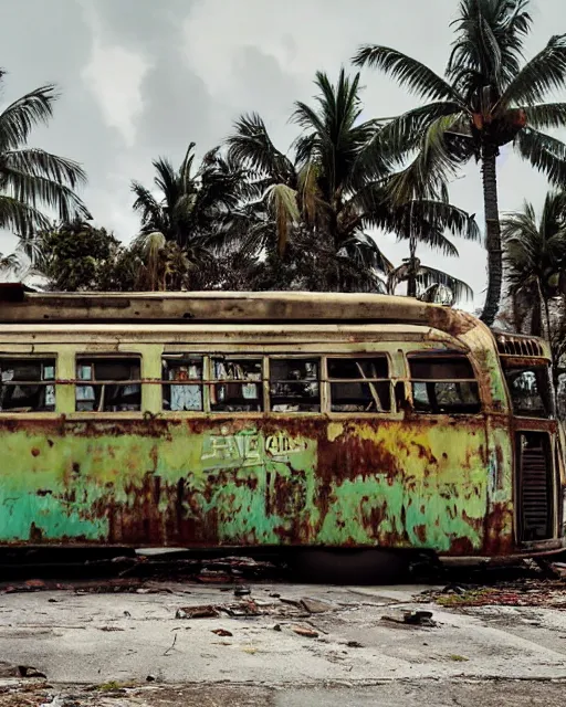 Image similar to wide angle shot of dilapidated fallout 5 miami, tropical coastal city, desolate, dilapidated, some rusted retro futuristic vintage parked vehicles like cars, buses, trucks, trams, slight overcast weather, fog, volumetric lighting, photorealistic, daytime, autumn, sharp focus, ultra detailed,