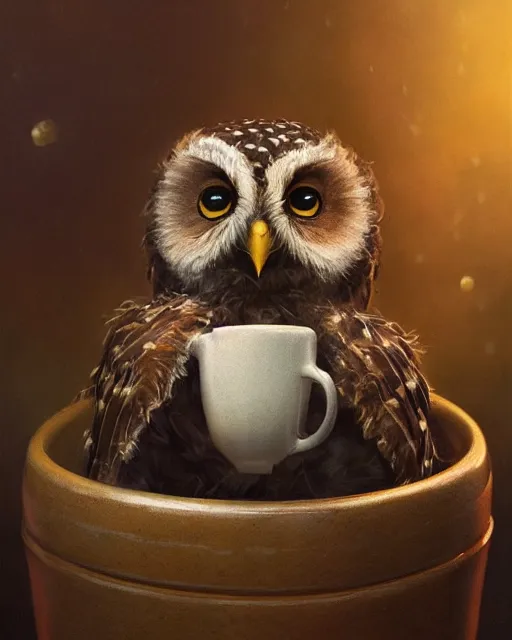 Image similar to long shot of a very cute owl chick nesting in a mug, esao andrews, humorous illustration, hyperrealistic, big depth of field, warm colors, night scenery, low light, 3 d octane render, 4 k, concept art, hyperdetailed, hyperrealistic, trending on artstation