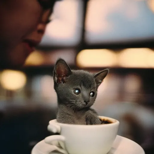 Prompt: ultra high quality photograph of a cute korat kitten drinking a cappuccino, in crowded cafe, lighting dim, kodak etkar 1 0 0