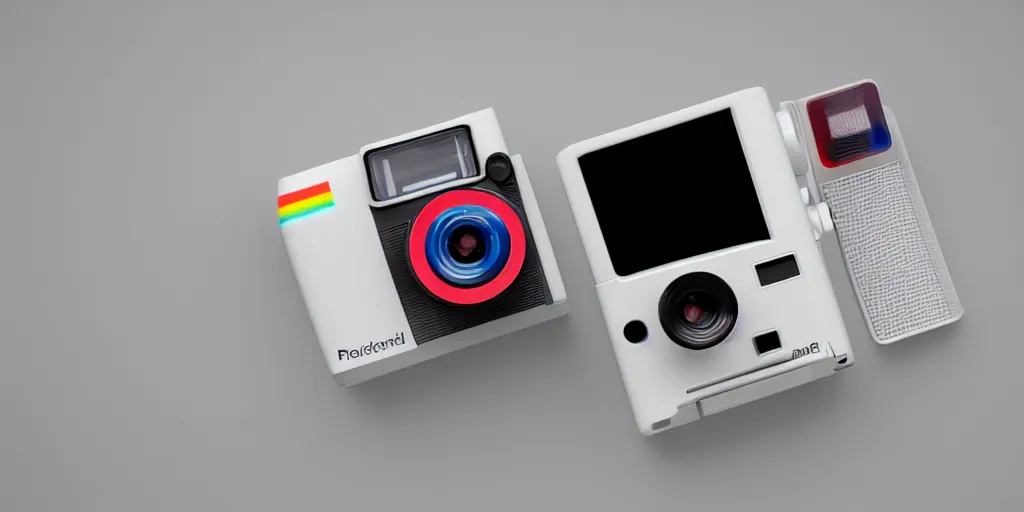 Image similar to a polaroid camera inspired by captain america, isometric design, made of concrete, 3 d product render