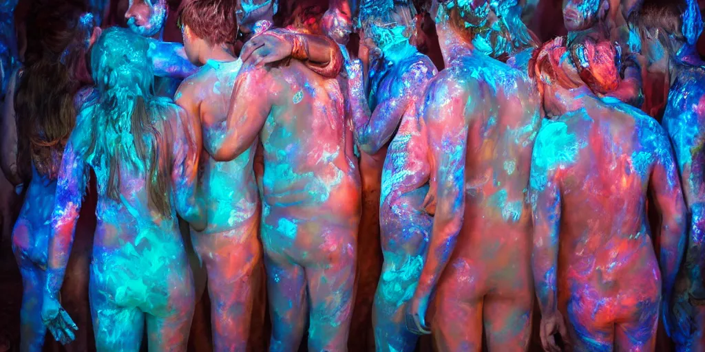 Image similar to love, translucent people with glowing body paint, from behind, rebirth, wide angle, cinematic atmosphere, elaborate, highly detailed, dramatic lighting