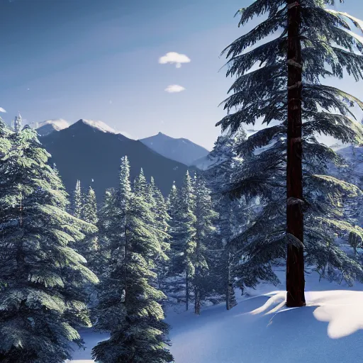 Prompt: beautiful mountains with snow caps, fir trees in the foreground, y2k aesthetic, made of glass, volumetric lighting, ultra HD, cyber noir