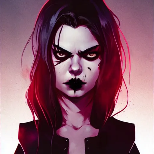 Image similar to Rafael Albuquerque comic cover art, loish, Sam yang, artgerm, Ross tran, pretty female Samara Weaving vampire, very sharp fangs blood on face face, sarcastic smile, symmetrical eyes, symmetrical face, brown leather jacket, jeans, long black hair, middle shot, highly saturated, deep blacks