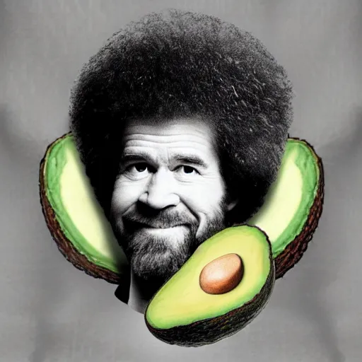 Image similar to bob ross wrapped in an avocado