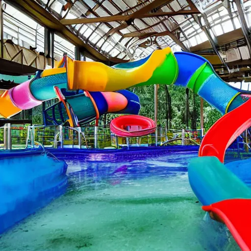 Prompt: dark, empty indoor children's water park with colorful water slides, nostalgic, hazy, dream - like