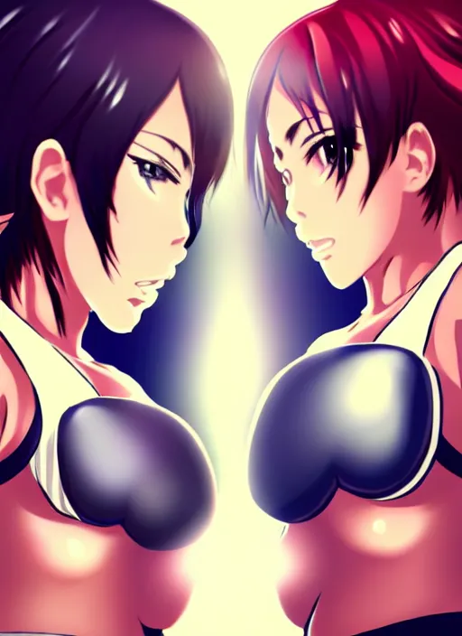 Prompt: two beautiful female boxers facing each other, white tops, dim lighting, gorgeous features, smooth, detailed anime art