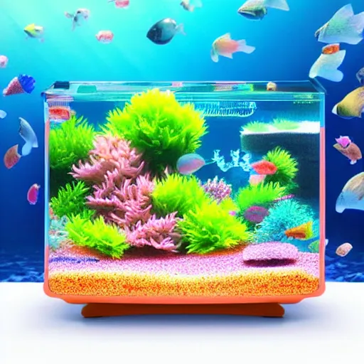 Prompt: cute kawaii anime cartoon fish tank, several fish swimming around, a small underwater house. Pastel colors