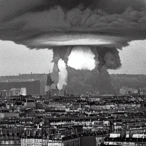 Prompt: photo of a nuclear explosion in paris in the year 1 9 9 1, hd photo, wide angle