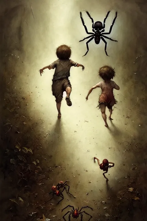 Prompt: screaming kids running away from huge spider | esoteric symbolism | jean - baptiste monge, esao andrews, bastien lecouffe - deharme, tim jacobus, ken currie | ultra - detailed realism, soft cinematic lighting, hi - fructose, artstation, high - quality, ink watercolors wes anderson poster art