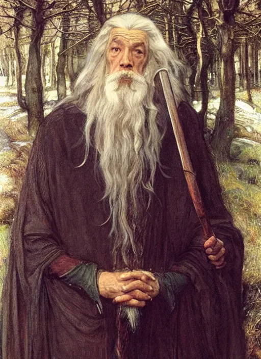 Prompt: a beautiful painting of gandalf by John Everett Millais and Dante Gabriel Rossetti and John Collier and john william waterhouse, pre-raphaelite, detailed, trending on artstation, hd, masterpiece