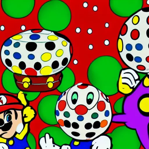 Prompt: screenshot of Super Mario 64 design by Yayoi Kusama, Takashi Murakami