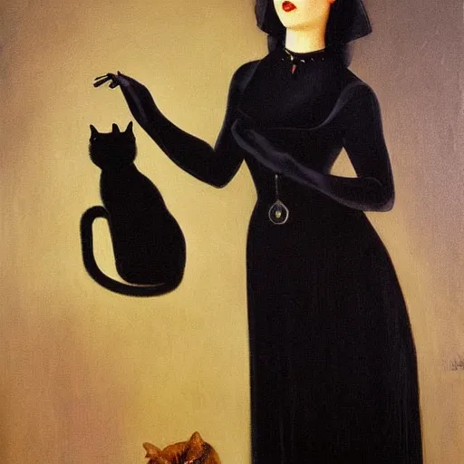 Prompt: a painting of a woman holding a black cat, an art deco painting by federico zandomeneghi, featured on deviantart, gothic art, pre - raphaelite, gothic, goth