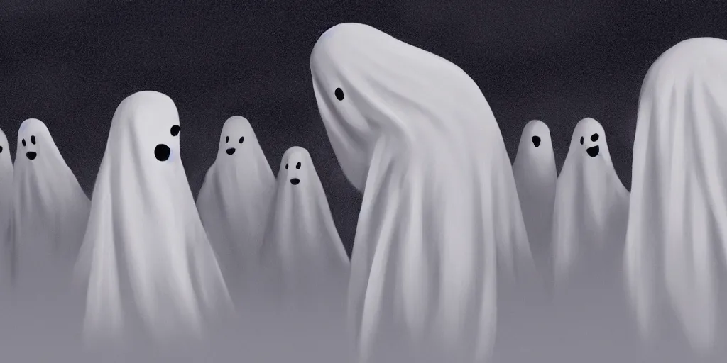 Prompt: Digital painting of a cute ghost scared in a big sparse white room with lots of little boys by Barclay Shaw by Greg Rutkowsky trending on Artstation