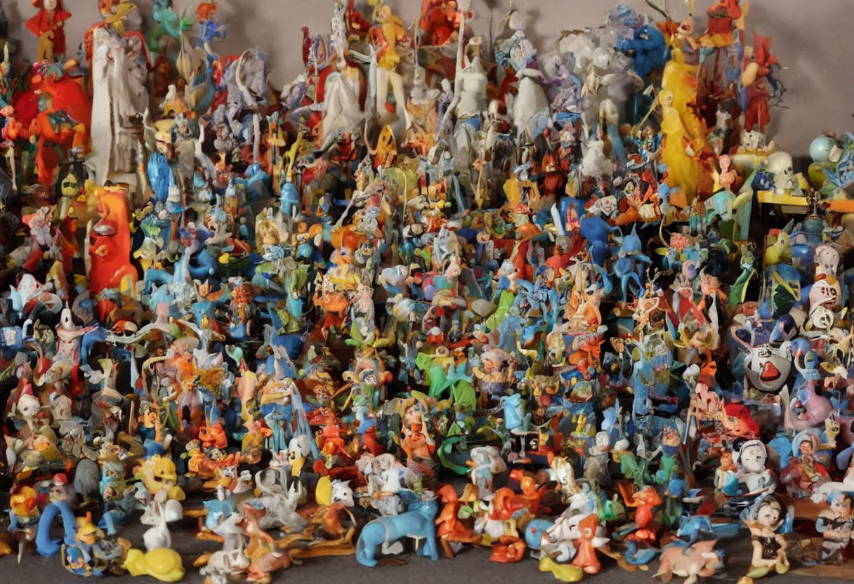 Image similar to vintage collection of 1 9 6 0 s cartoon occult sculpture toys on display