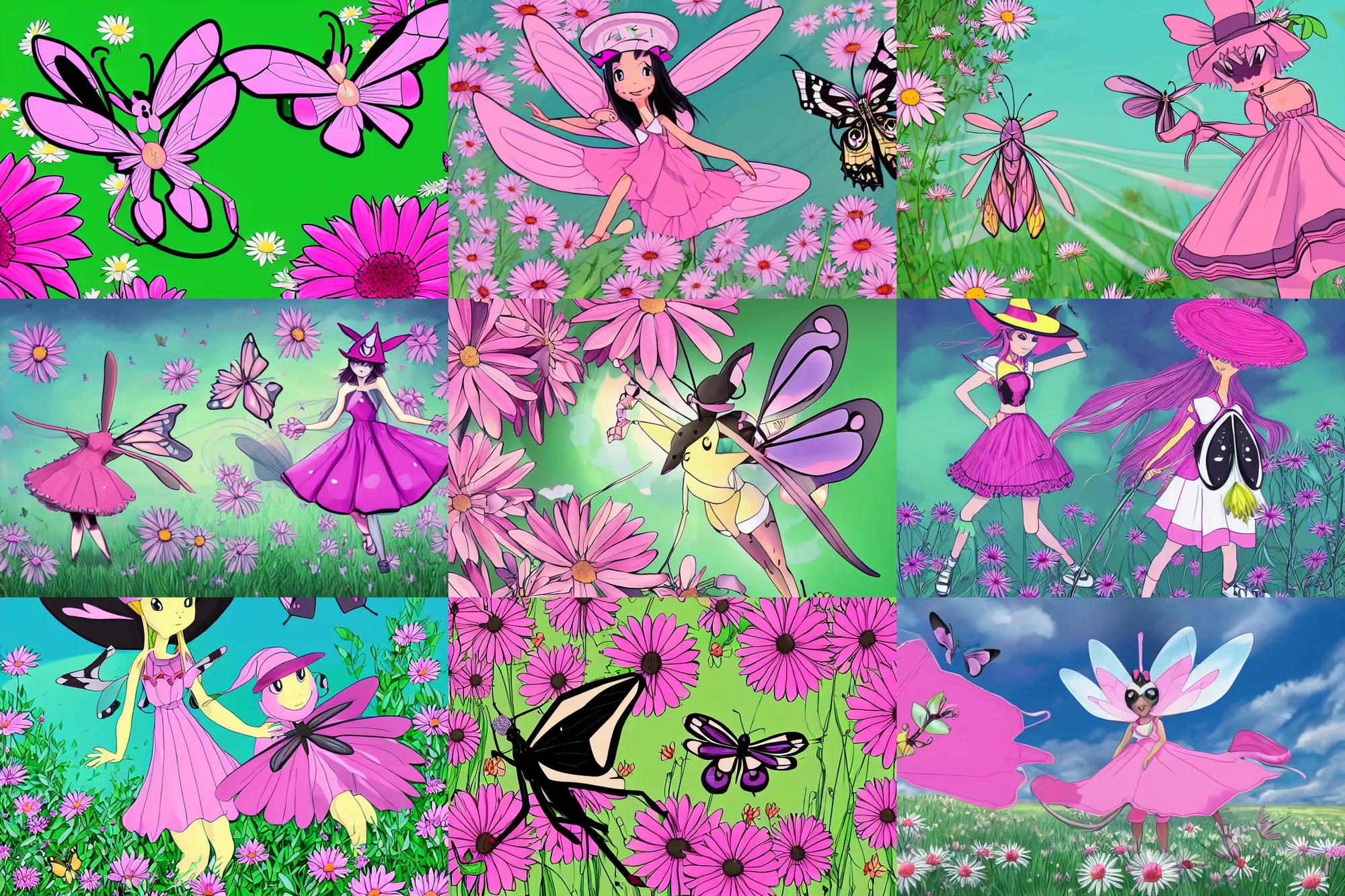 Prompt: female butterfly pokemon with black eyes and antennae like a mantis wearing a floe pink maid dress floating over a field of daisies wearing converse skater shoes and a witch hat, digital illustration by arvalis