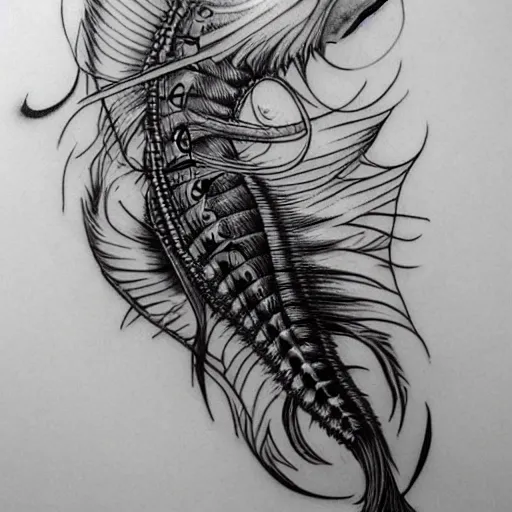 Image similar to whiskerfish tattoo, tatto, black and white, detailed, hyper detailed, intricate, 8 k