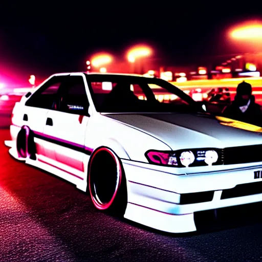 Image similar to a car JZX100 turbo drift at illegal car meet, Sibuya prefecture, city midnight mist lights, cinematic color, photorealistic, highly detailed wheels, 200MM