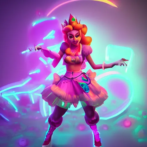 Image similar to Princess peach mixed with jinx from league of legends, dancing, background with neon lighting, fullshot, raytrayced, octane render, epic composition, intricate details, hyperrealist, dark neon punk, by Alessandro Barbucci, Barbara Canepa