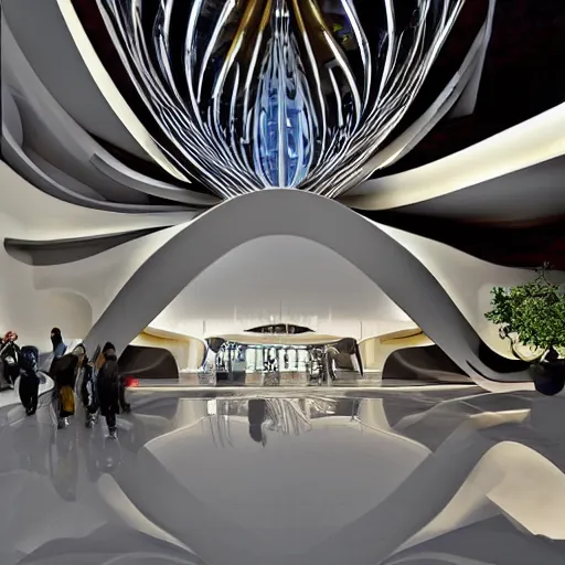 Image similar to extremely detailed ornate stunning beautiful elegant futuristic museum lobby interior by Zaha Hadid