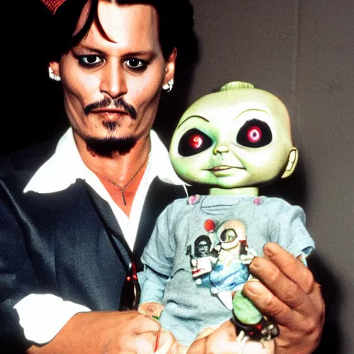 Image similar to Johnny Depp holding Chucky the killer doll