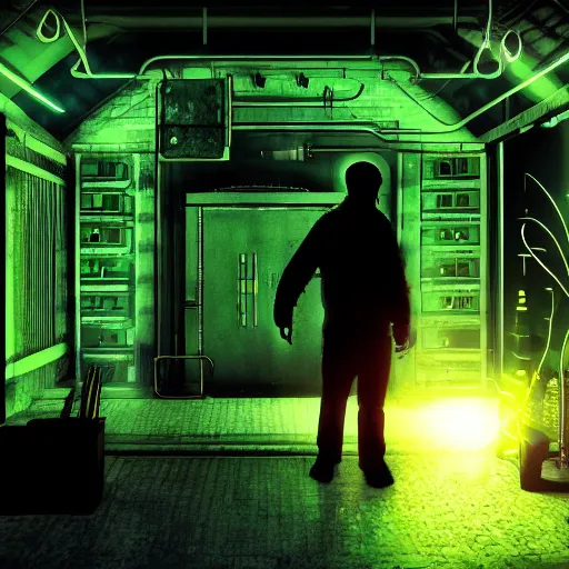 Image similar to secret underground lab, a silhouette of a man doing some experiment, unreal engine, octane, 4 k, videogame style, retro tech, some green - blueish glowing artifacts