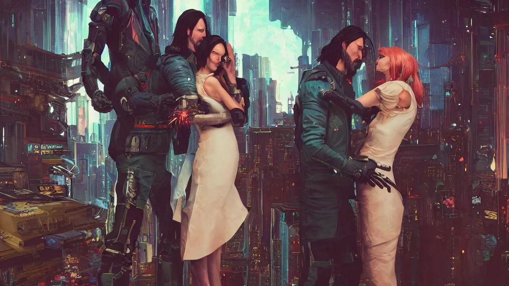 Prompt: a cyberpunk 2077 srcreenshot wedding couple portrait of a Keanu Reeves and a female android final kiss,love,film lighting,by Laurie Greasley,Lawrence Alma-Tadema,Andrei Riabovitchev,Dan Mumford,John Wick,Speed,Replicas,artstation,deviantart,FAN ART,full of color,Digital painting,face enhance,highly detailed,8K,octane,golden ratio,cinematic lighting