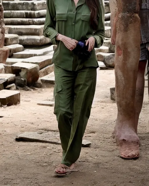 Image similar to angelina jolie visits an ancient temple in cambodia, she is wearing a green long sleeved shirt and cargo pants, photographed in the style of national geographic