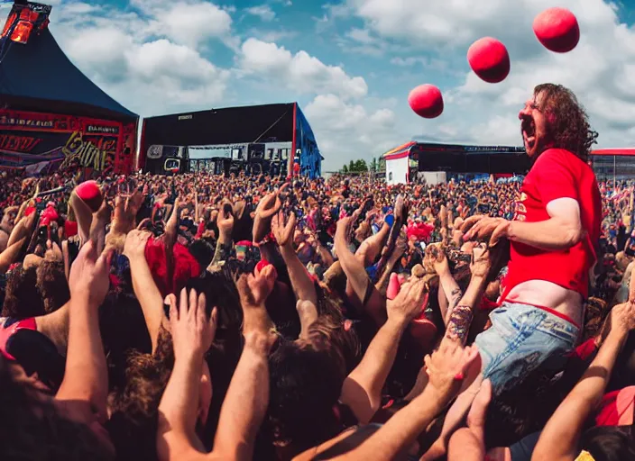 Image similar to photo still of gallagher at vans warped tour!!!!!!!! at age 4 5 years old 4 5 years of age!!!!!!! throwing watermelons at a crowd, 8 k, 8 5 mm f 1. 8, studio lighting, rim light, right side key light