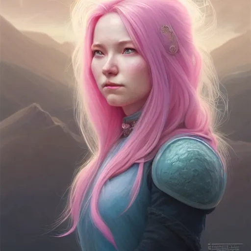 Image similar to pink haired mage medium portrait, female, glacier landscape, norway, d & d, fantasy, intricate, elegant, highly detailed, digital painting, pink and teal color palette, artstation, octane render, concept art, matte, sharp focus, illustration, herrarthstone, art by artgerm and greg rutkowski and alphonse mucha