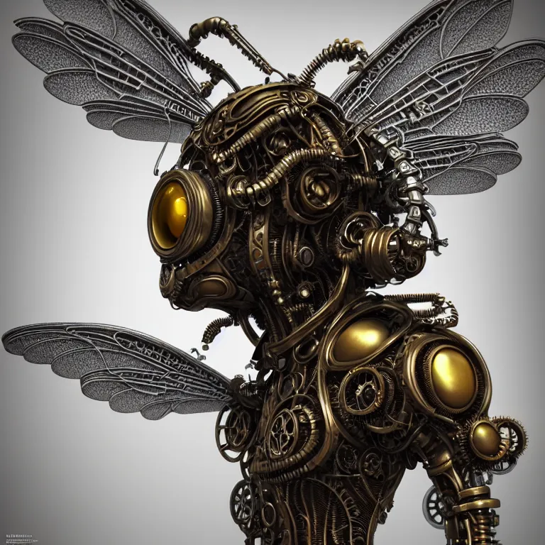 Image similar to steampunk cybernetic biomechanical bee with wings, 3 d model, very coherent symmetrical artwork, unreal engine realistic render, 8 k, micro detail, intricate, elegant, highly detailed, centered, digital painting, artstation, smooth, sharp focus, illustration, artgerm, tomasz alen kopera, wlop