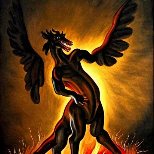 Prompt: Flaming hellhound standing at the gates of hell. Painted by Caravaggio. High quality.