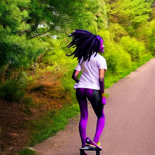 Prompt: black woman with purple dreads longboarding in space in the style of ghibli