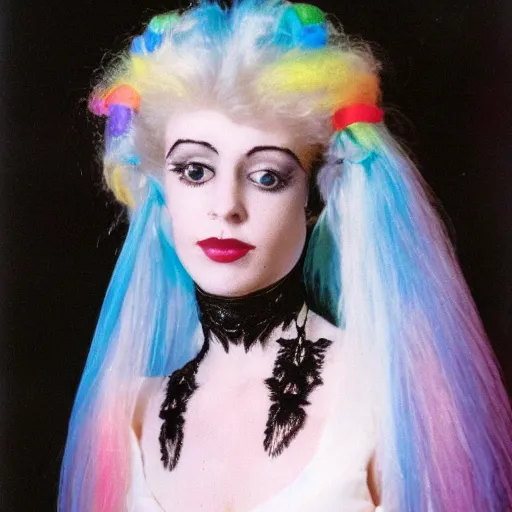 Image similar to a medium shot of a beautiful young 80's goth woman, gently smiling with glowing rainbow eyes, as directed by stanley kubrick in 1985. the woman has styled rainbow and silver hair of many colors. she is wearing an intricate white lace elizabethan ruff. 4k, 8k, professional, filmic