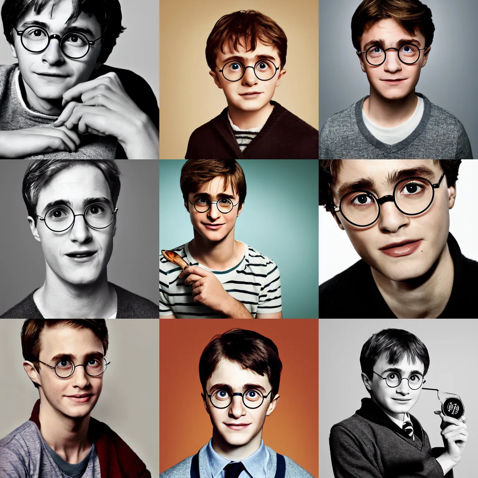 Prompt: Photo of Harry Potter wearing Warby Parker glasses, soft studio lighting, photo taken by Martin Schoeller for Abercrombie and Fitch, award-winning photo, 24mm f/1.4