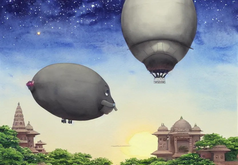 Image similar to a hyperrealist watercolor concept art from a studio ghibli film showing a giant grey blimp in the shape of an elephant. a hindu temple is under construction in the background in india on a misty and starry night. by studio ghibli. very dull muted colors