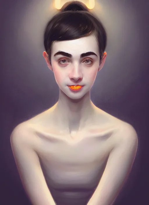 Image similar to portrait of white teenage girl, narrow face, short black hair and eyebrows, bangs, half updo hairstyle, buck teeth, unattractive, defined jawline, long chin, smile, hair bow, intricate, elegant, glowing lights, highly detailed, digital painting, artstation, sharp focus, illustration, art by wlop, mars ravelo and greg rutkowski