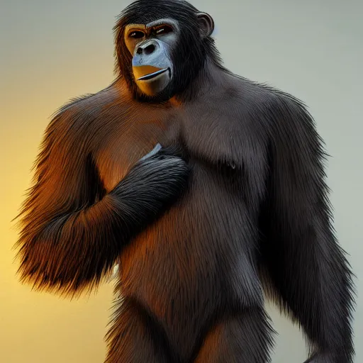 Image similar to fury art, an anthro ape wearing a large cape, exploding background, 3 d, 8 k, extremely detailed, furaffinity, artstation, award winning, sharp focus, illustration