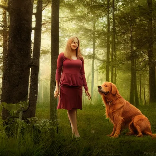 Image similar to dark red golden retriever in forest lake, matte painting in 4 k, concept art width 1 0 2 4 with young woman