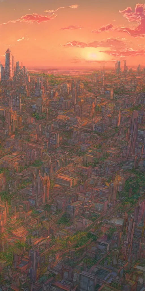 Image similar to a serene digital art of sunset, a metropolis beside the river, by studio ghibli and hayao miyazaki, highly - detailed, anime, unreal engine, deviantart