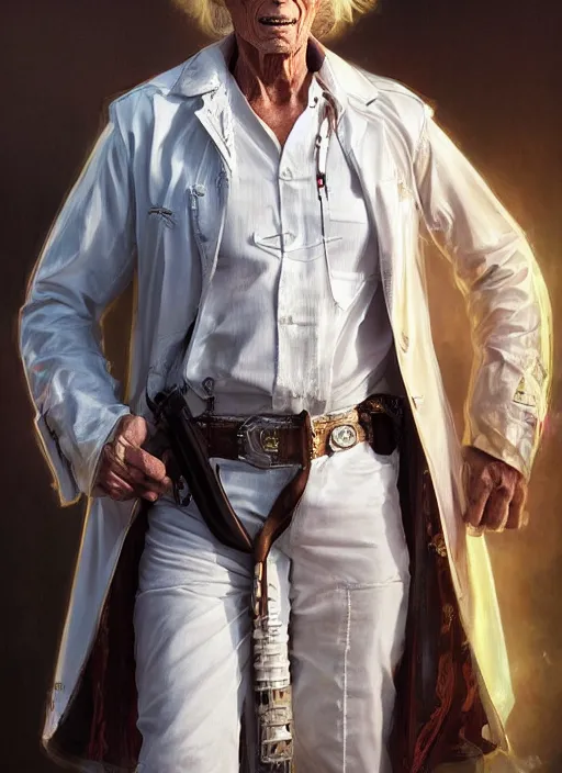 Prompt: formal portrait of clint eastwood as doc brown wearing white coat. digital art by eugene de blaas, ross tran, and nasreddine dinet, vibrant color scheme, intricately detailed, in the style of romanticism, cinematic, lighting background, artstation, greg rutkowski
