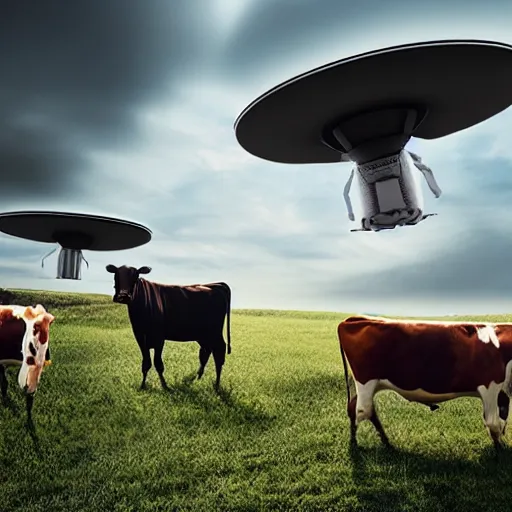 Prompt: cows being abducted by ufo, studio lighting, low contrast, grassy building, arsitektur nusantara