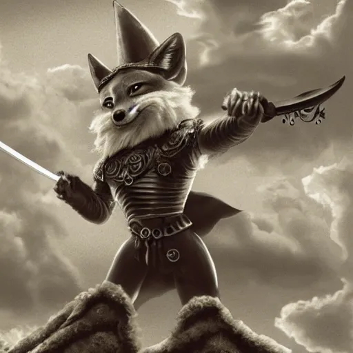 Image similar to anthropomorphic fox who is a medieval knight holding a sword towards a stormy thundercloud 1 9 3 0 s film still, fantasy castle in the background