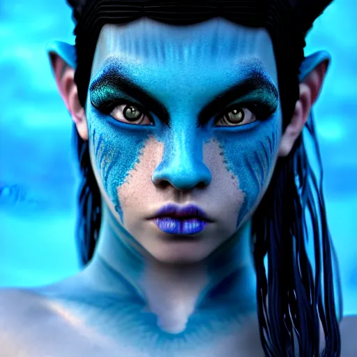 Image similar to a dnd Triton girl with blue skin and messy black hair, a little blue-skinned girl with messy black hair sharp pointed ears freckles along the ridges of her cheeks, dnd triton, high resolution film still, 4k, HDR colors