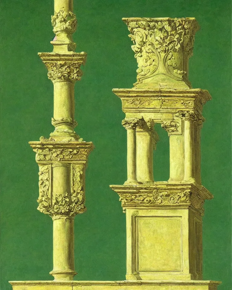 Image similar to achingly beautiful painting of intricate ancient roman corinthian capital on green and gold background by rene magritte, monet, and turner. giovanni battista piranesi.