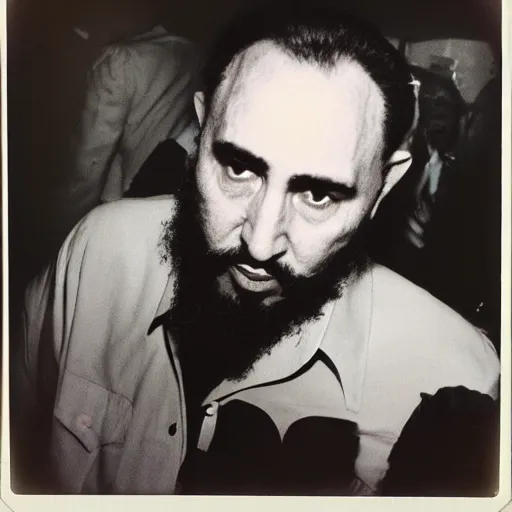 Image similar to fidel castro wearing goth clothing, polaroid, by nan goldin