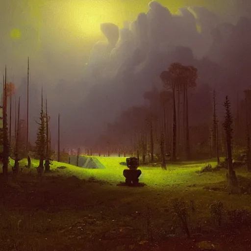 Prompt: Visions of the Past: Landscapes by Simon Stålenhag and Albert Bierstadt, oil on canvas