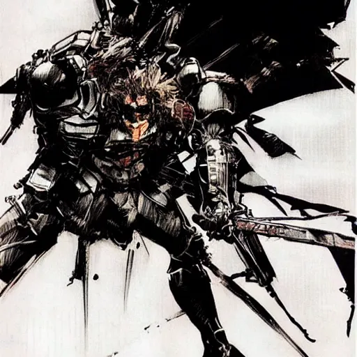 Image similar to Terrified knight, Yoji Shinkawa manga art, style of Ink